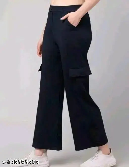Black stretchable women's drawstring cargo pants, mid-calf