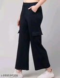 Black stretchable women's drawstring cargo pants, mid-calf