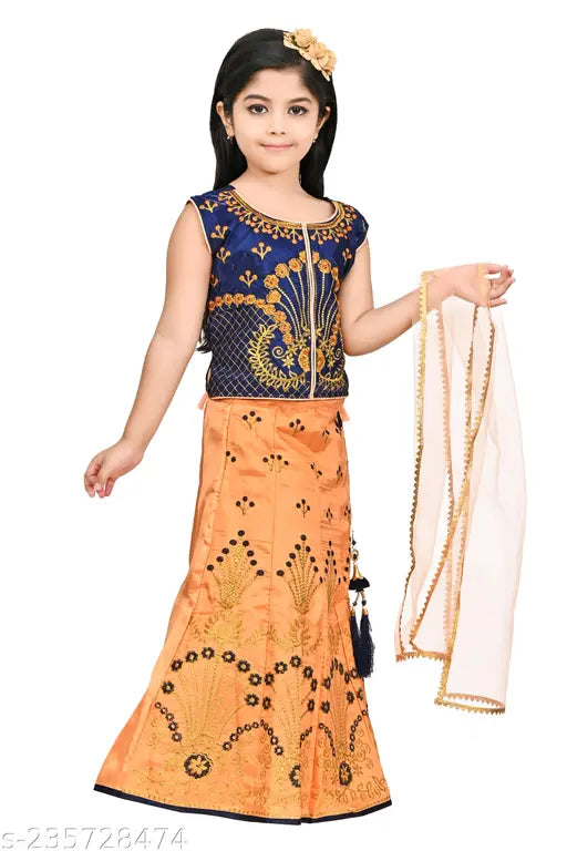 Blue and orange Art Silk Indian ethnic party lehenga set, featuring embellished net dupatta and sleeveless blouse. Country of origin: India
