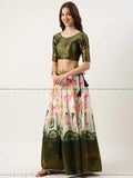 Golden Tradition Design Printed Zari Dola Silk Half Saree with floral dupatta and net border, semi-stitched (L: 42in, W: 40in)