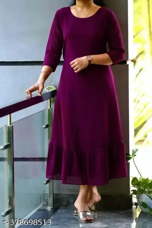 Georgette Anarkali Long Kurti, women's solid-colored with zigzag design, three-quarter sleeves, S-L sizes