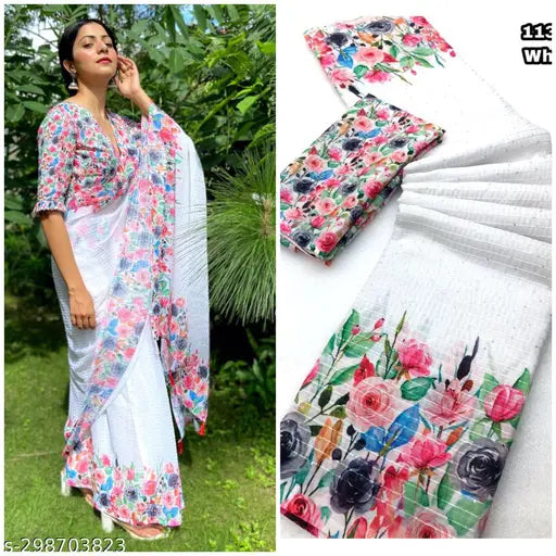 Charvi Unstitched Saree, White and Pink Floral Design