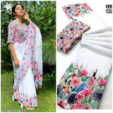 Charvi Unstitched Saree, White and Pink Floral Design