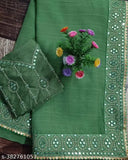 Green and gold embroidered women's saree, traditional style