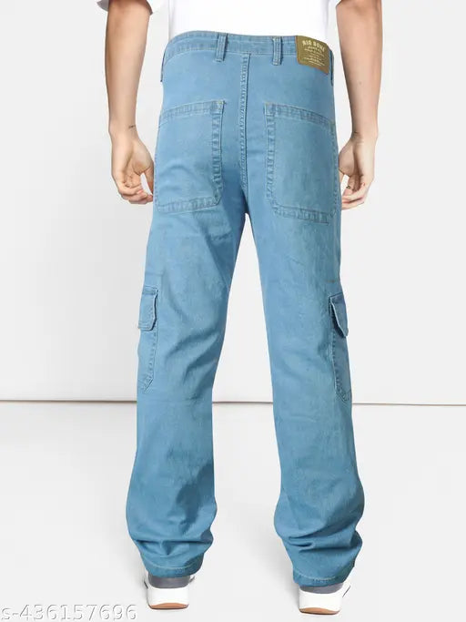 Light blue Lycra cargo jeans for men, solid net pattern and non-stretchable. Sizes available: 28, 30, 32, 36, 38 (29in/42in/34in). Made in India