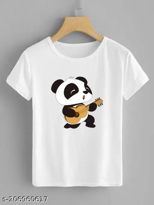 Printed polyester t-shirt with catchy design, featuring PandaaBestPolyster branding, short sleeves, and made in India