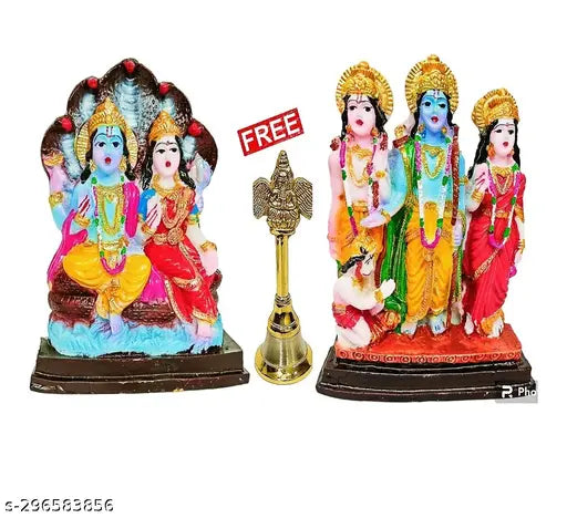 Marble God Vishnu idol with Lakshmi, Ram, Ganesha, Bajrangbali figurines. Indian home decor showpiece, premium quality, 3-piece set includes free ghanti bell