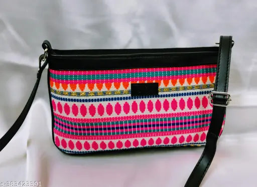 Colorful, patterned handbag with adjustable strap