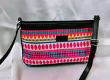 Colorful, patterned handbag with adjustable strap