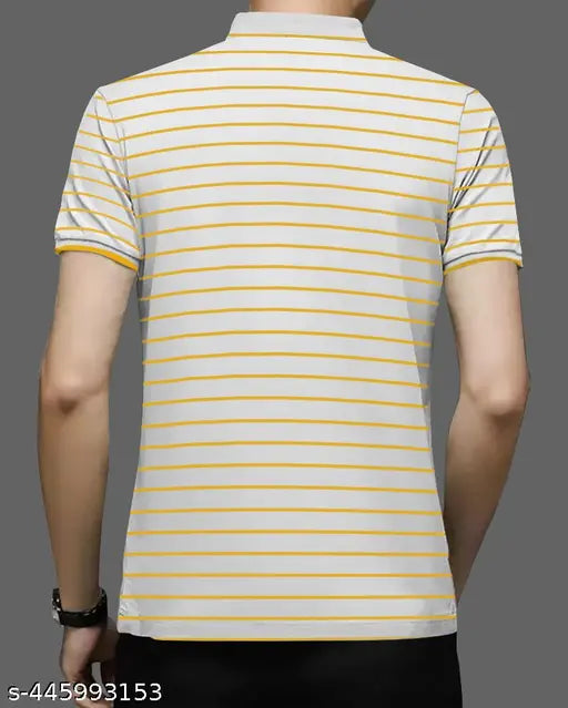 Yellow cotton-blend striped polo t-shirt with half sleeves, regular fit