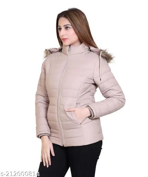 Nylon solid pattern winter jacket for women, Brazo Classy design with long sleeves and zip closure