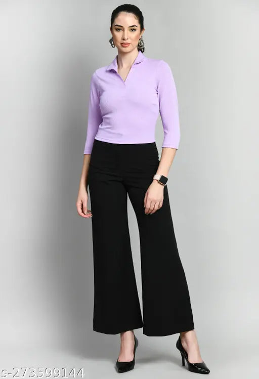 Solid cotton-blend collared t-shirt, three-quarter sleeves, women's casual wear - ALLE MODA India