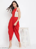 Red crepe dhoti jumpsuit, sleeveless, solid pattern, fit-and-flare silhouette for women's wardrobe elevation