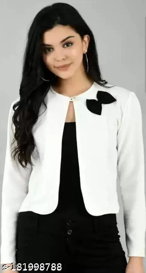 Cotton blend women's casual white bow jacket, ideal for parties or work with long sleeves and solid pattern, size S (34in bust, 17in length)