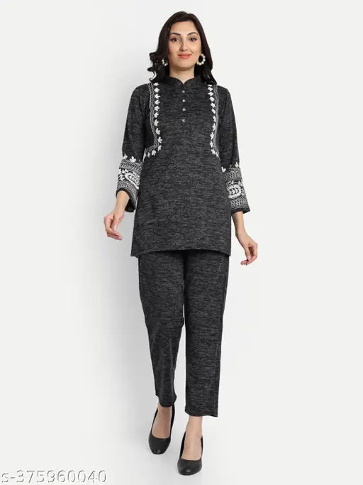 Black velvet embroidery night suit/coord set, wool fabric, high-low full sleeves V-neck tunic shirt with pant coord for women in winter