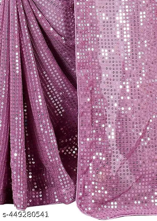 Purple, sequined Bollywood saree with intricate embroidery