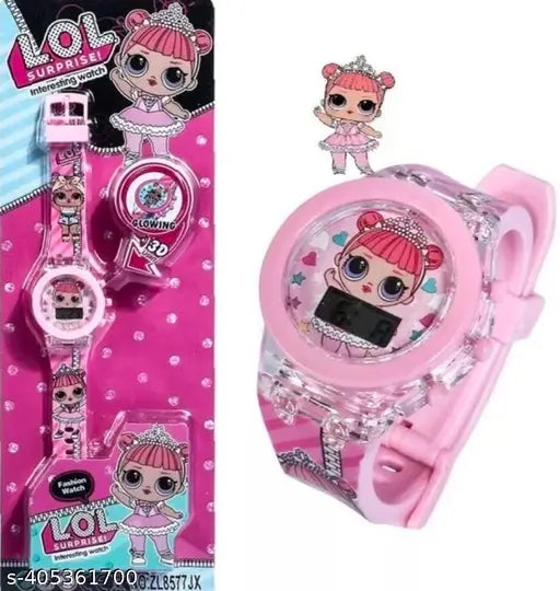 Pink digital watch with glowing disco lights, suitable for kids and girls