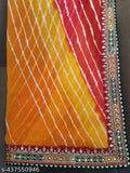 Vibrant Lahariya print Georgette saree, soft fabric with coded border, multi-colored dhaga embroidery, lace detailing on borders