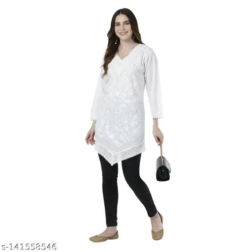 White Chikankari long top, 100% cotton embroidered v-neck, great for casual occasions