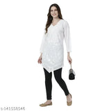 White Chikankari long top, 100% cotton embroidered v-neck, great for casual occasions