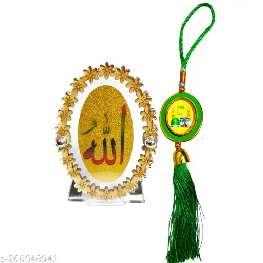 Islamic car dashboard showpiece with hanging ornament, handcrafted home decor from India for office, car, prayer room, or study table
