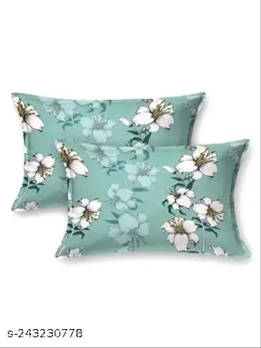 Green cotton feel elastic fitted double bed sheet with 2 king size pillow covers, floral pattern, 220 thread count, ideal for adult summer use