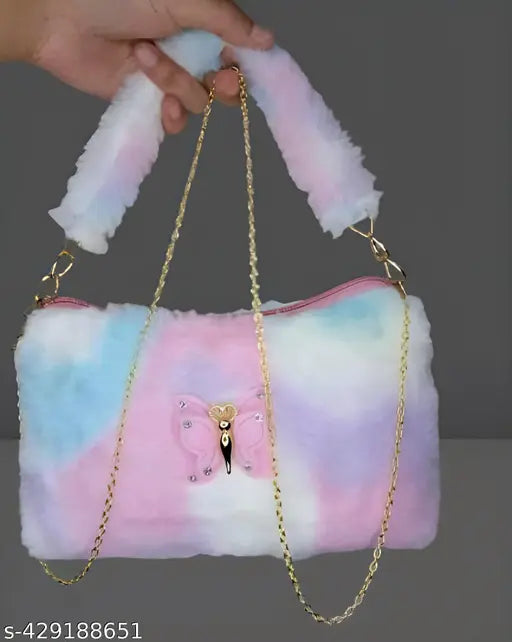 Pink, blue and white furry fabric kid's sling bag with adjustable strap and handle