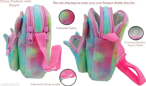 Soft, pastel pink sling bag; smooth zipper closure; fluffy texture