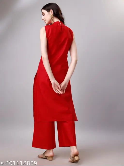 Women's red cotton blend sleeveless kurta and palazzos set, embellished net detail for party wear