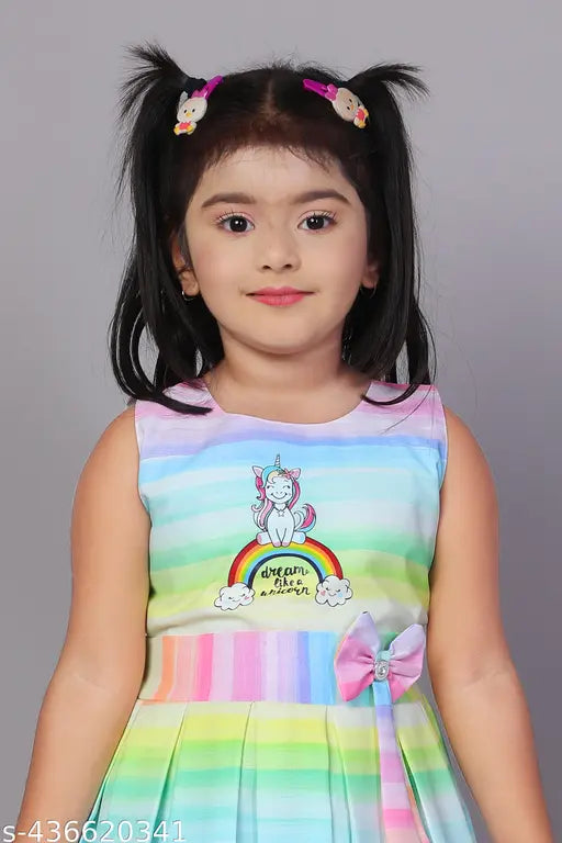 Colorful rainbow print dress, pleated skirt, cotton material