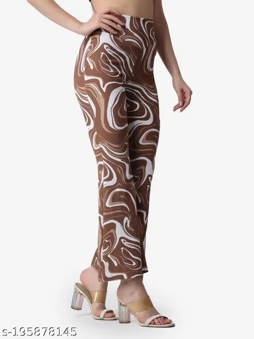 Brown poly blend printed flat-front trousers, versatile for various occasions, Indian origin