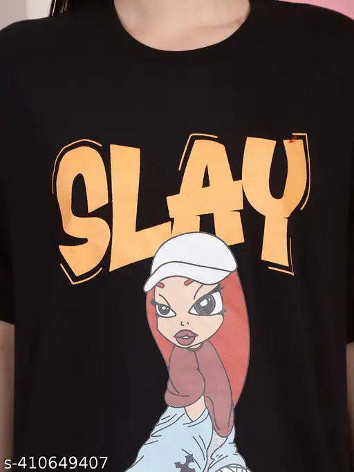 Women's casual wear oversized graphic t-shirt, black tee with slay printed on front