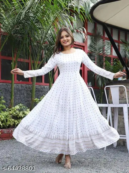 Rayon long-sleeve printed combo Anarkali kurti for women, trending white style for all occasions, XL size with 42 inch bust and 51 inch length, originating from India