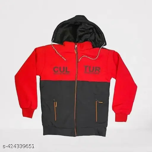 Red, black and blue hoodie with colorblock design