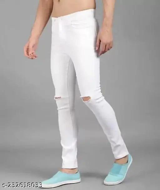 Stylish white denim knee-cut jeans for men, high-quality stretchable fabric with solid print and 5-pocket design