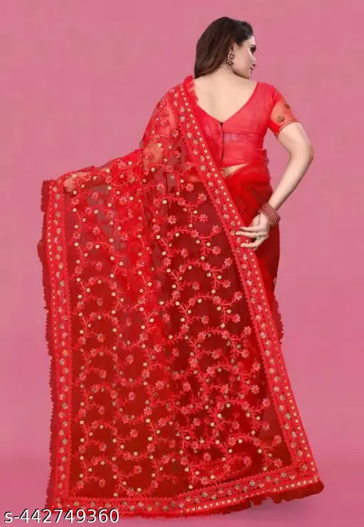 Indian net embroidered fancy work saree with multiple net blouse, free size (5.5m saree length, 0.9m blouse length)