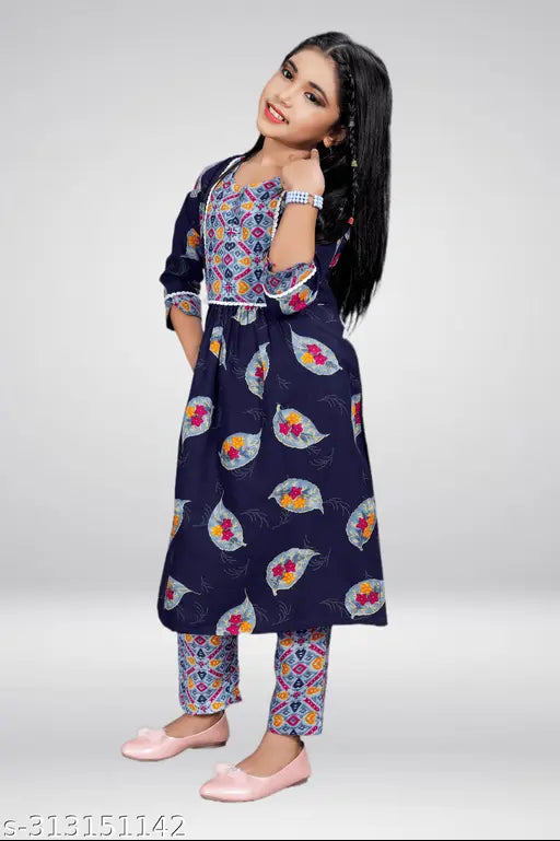 Girls Cotton flared Dress Kurta and Pyjama Pant Set - A-line, printed, 3/4 sleeves, party wear for festivals & weddings, Indian fashion for kids