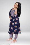 Girls Cotton flared Dress Kurta and Pyjama Pant Set - A-line, printed, 3/4 sleeves, party wear for festivals & weddings, Indian fashion for kids