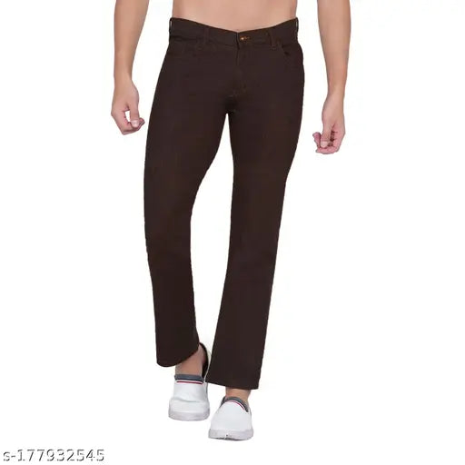 Solid brown cotton blend men's jeans, Dais Men's Straight Fit, stretchable and comfortable, size 32 (waist 32in, length 41in, hip 36in)