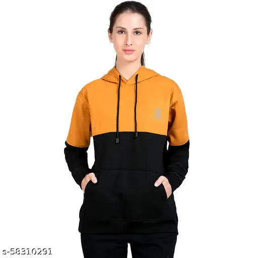 Mustard Orange & Black Cotton Blend Sweatshirt with Kangaroo Pocket - Chanda Khuba Women's Pullover Hoodie for Warm Comfort and Urban Style, Made in India
