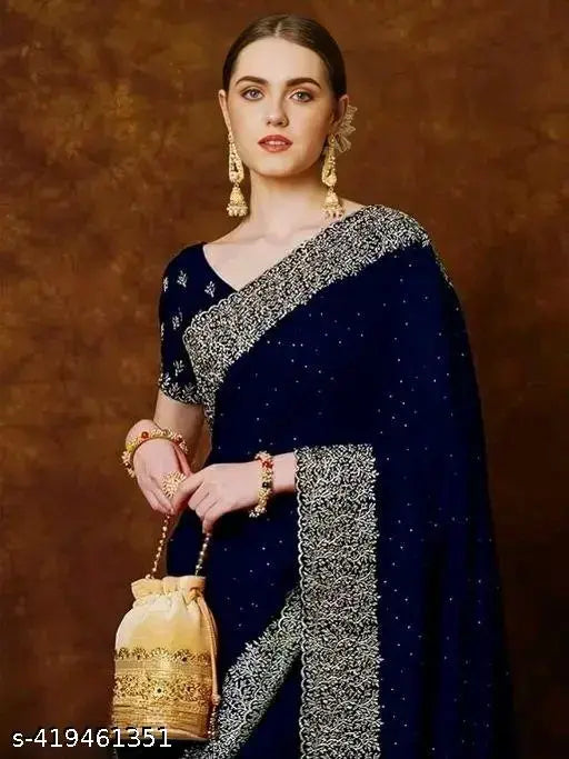 Premium two-ton Vichitra silk saree with heavy embroidery and DMC stone work, free size, 5.5m length