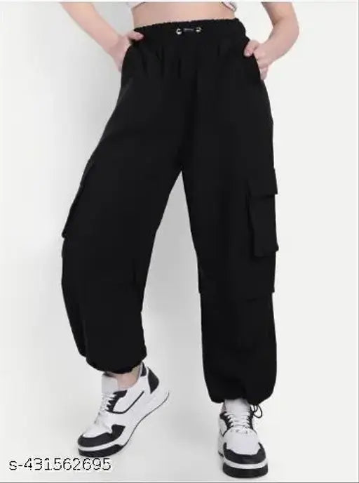 Women's solid polyester cargo-style joggers, available in S, M, L, XL sizes for stylish comfort