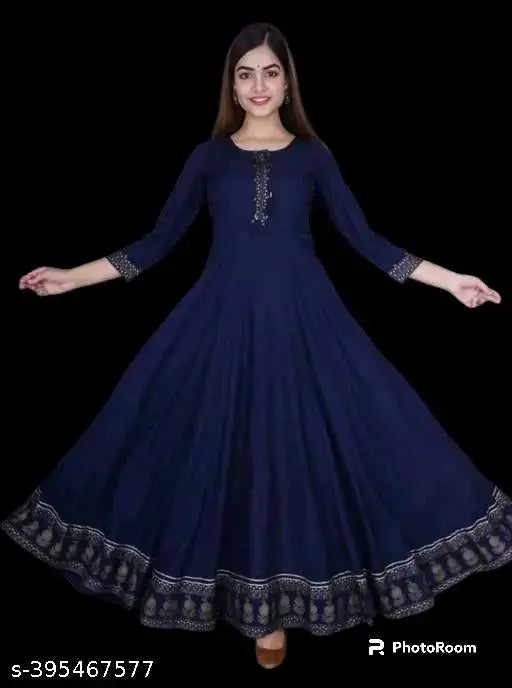 Dark blue, traditional Afghan style women's long kameez with detailed embroidery