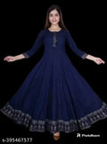 Dark blue, traditional Afghan style women's long kameez with detailed embroidery