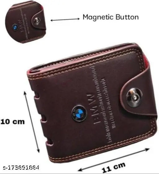 Brown faux leather BMW LOGO button wallet, sleek 3-compartment design for essentials