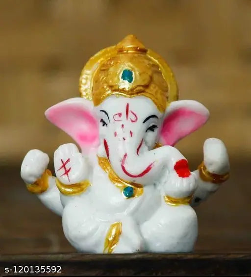 Handcrafted Meditating Lord Ganesh Idol, 8cm Polyresin White Gold - Durable spiritual decor for car dashboards or home, brings a touch of elegance
