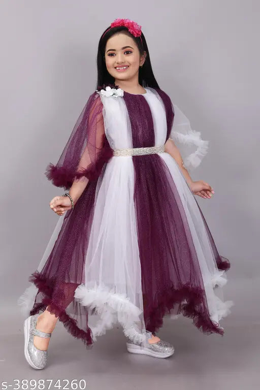 Kids girls party dress, net with long sleeves, printed pattern, perfect for festive events
