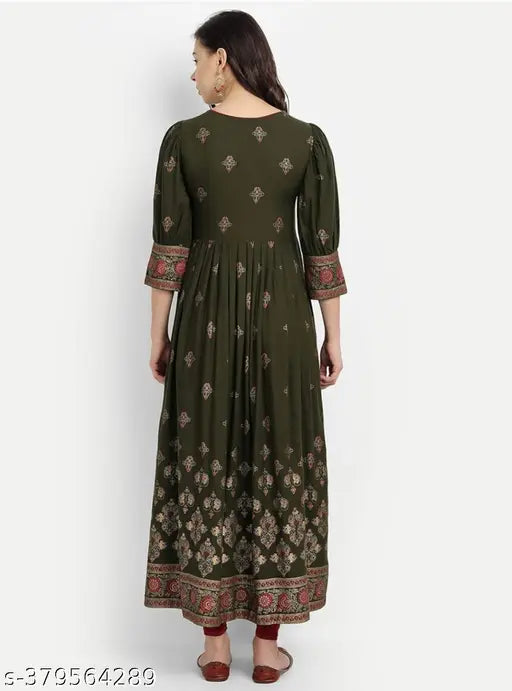 Rayon printed Singal gown with three-quarter sleeves, Indian traditional dress for women on mannequin