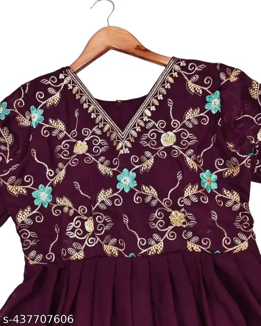 Georgette wine embroidered Anarkali gown, full net duppata with lace work, perfect for functions