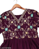 Georgette wine embroidered Anarkali gown, full net duppata with lace work, perfect for functions